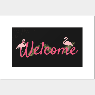 Pink Green Welcome sign with Flamingo and Palm leaves Posters and Art